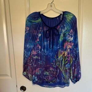 Tahari Blue and Purple Floral Blouse with Tie-Neck